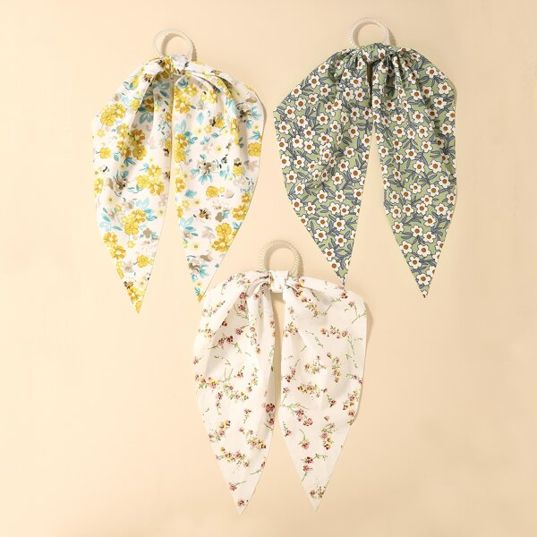 

3pcs Flower Print Scarf Hair Tie, Multicolor