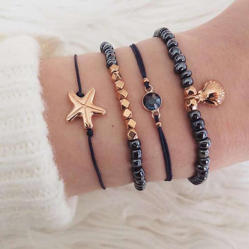 

4pcs Shell & Starfish Decor Bracelet, Black