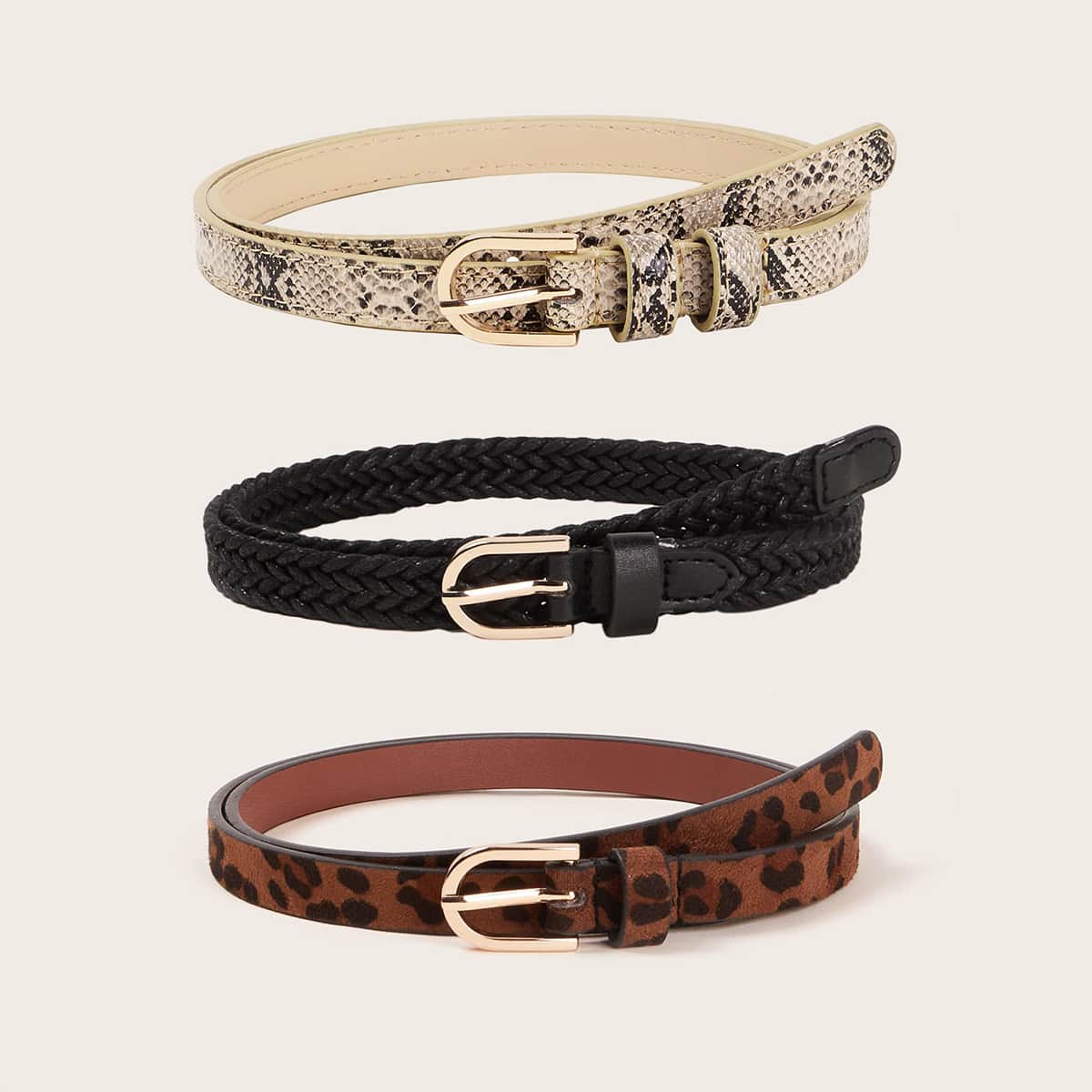 

3pcs Snakeskin & Leopard Buckle Belt, Multicolor