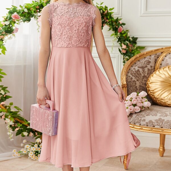 

Girls Zipper Back Lace Bodice Chiffon Dress, Pink