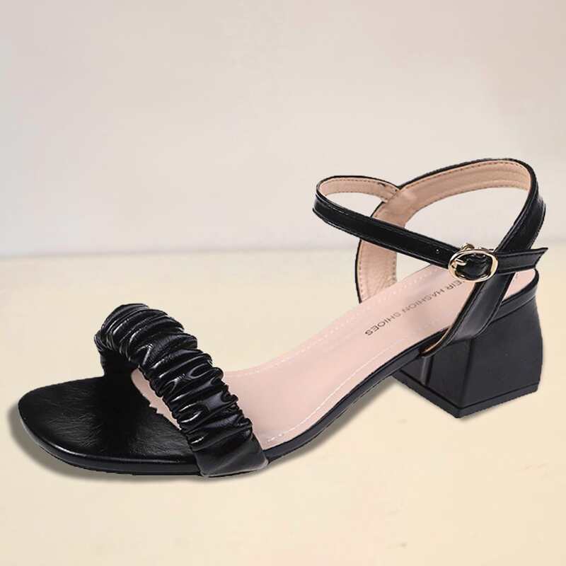 Ruched Ankle Strap Chunky Heeled Sandals, Black