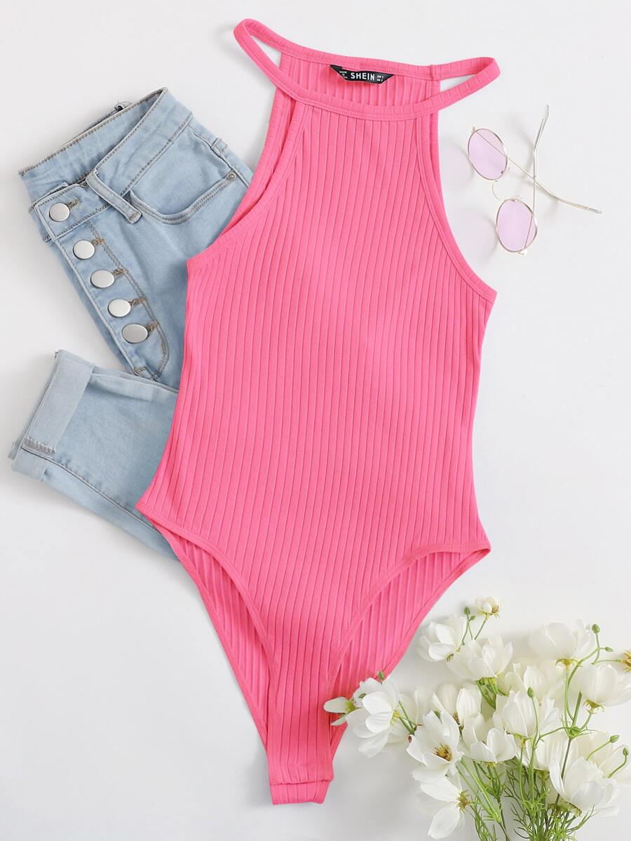 Muchica Women'S Solid Color Rib-Knit Halter Bodysuit - Pink - View 1