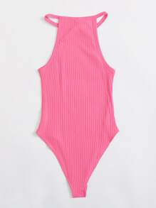 Muchica Women'S Solid Color Rib-Knit Halter Bodysuit - Pink - View 2