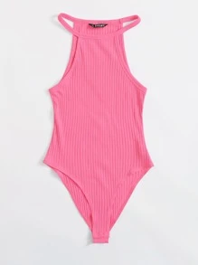 Muchica Women'S Solid Color Rib-Knit Halter Bodysuit - Pink - View 4