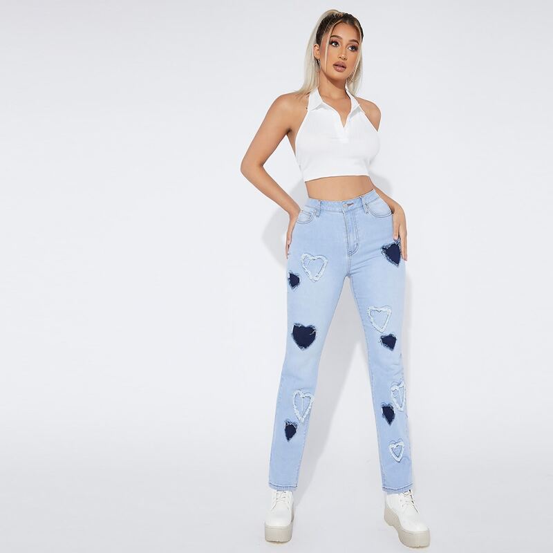 

Zipper Fly Heart Pattern Jeans, Light wash
