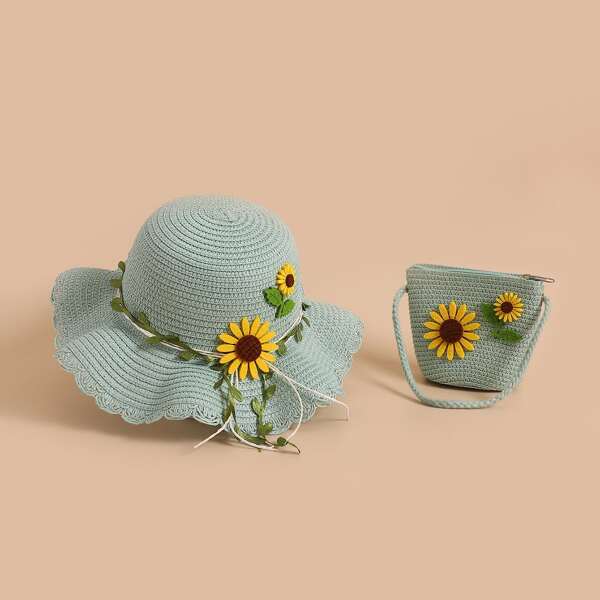 

Toddler Girls Flower Decor Straw Hat & Bag, Mint green