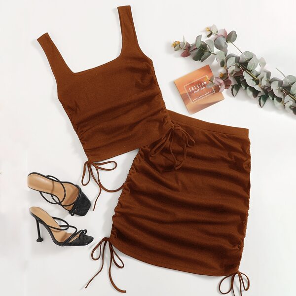 

Drawstring Ruched Side Tank Top & Skirt Set, Rust brown