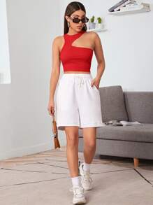 SHEIN Essnce Asymmetrical Shoulder Crop Top - Red - View 6