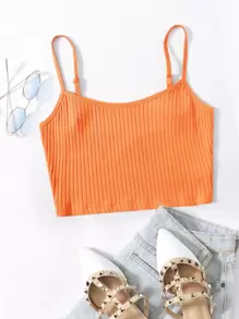 SHEIN EZwear 羅紋針織素色短版吊帶上衣 - 橘色 - 查看 1