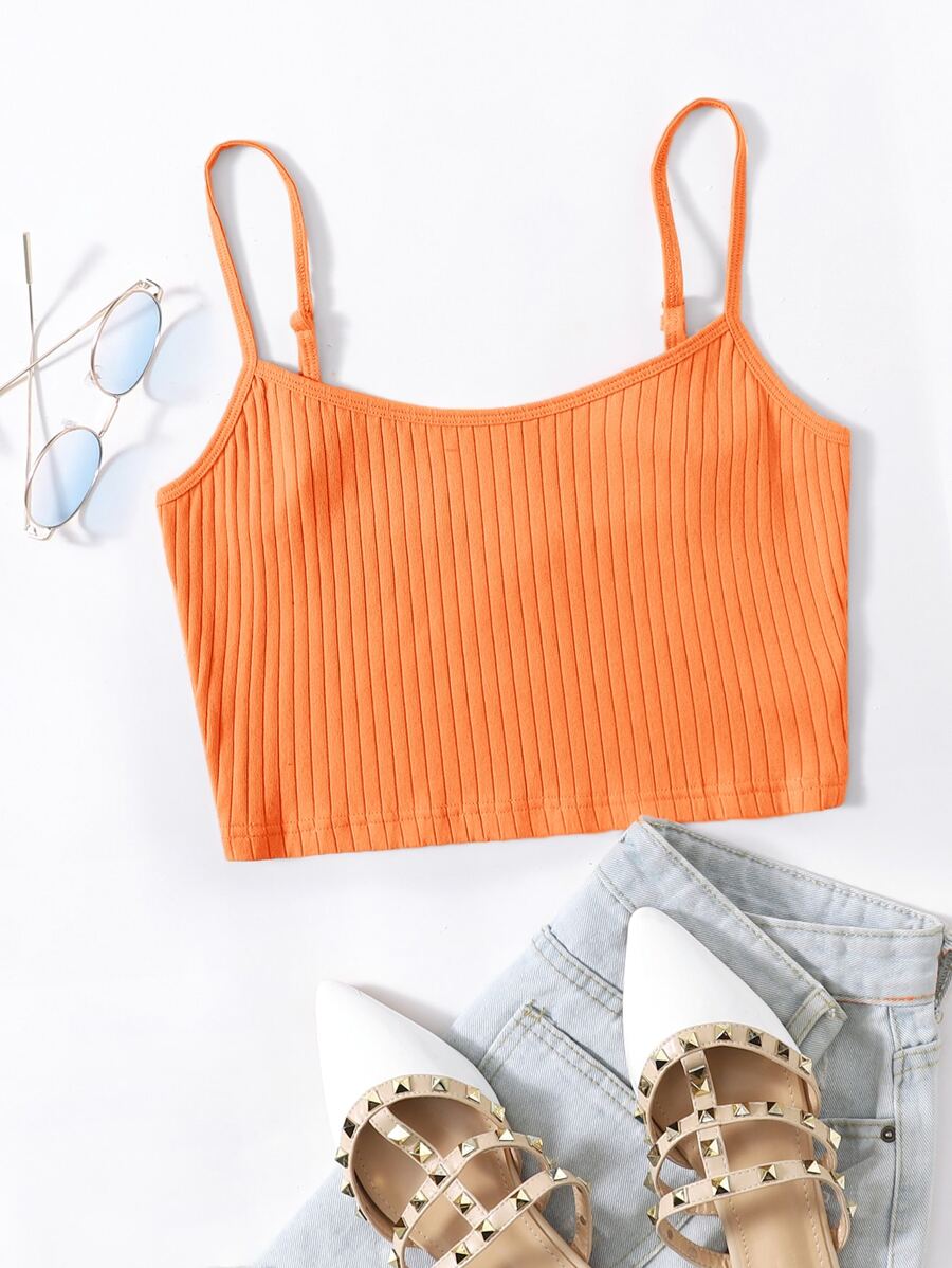 SHEIN EZwear 羅紋針織素色短版吊帶上衣 - 橘色 - 查看 1