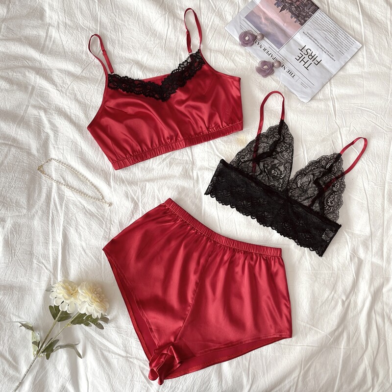 

3 Pack Satin Contrast Lace Night Set, Multicolor