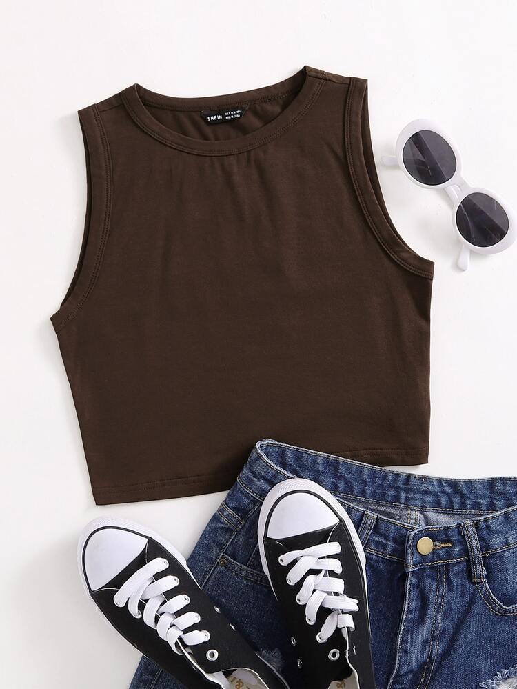 SHEIN EZwear Solid Crop Tank Top - Chocolate Brown - View 1