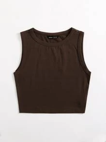 SHEIN EZwear 素色短版背心上衣 - 巧克力棕 - 查看 4