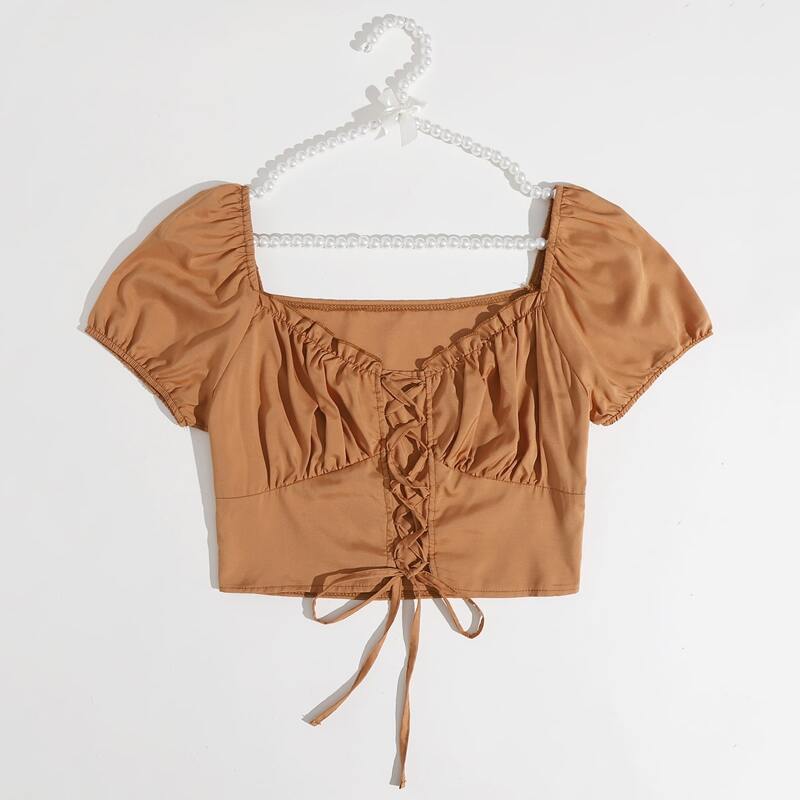 

Solid Lace Up Milkmaid Blouse, Brown