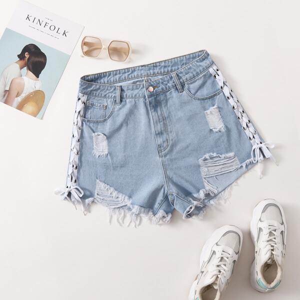 

Plus Lace Up Side Distressed Denim Shorts, Light wash