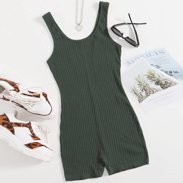 

Scoop Neck Rib-knit Tank Unitard Romper, Dark green