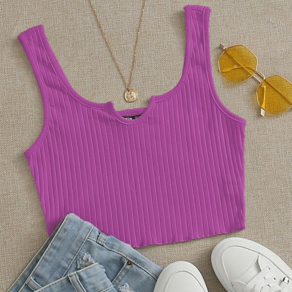

Notch Neck Lettuce Edge Rib-knit Tank Top, Purple