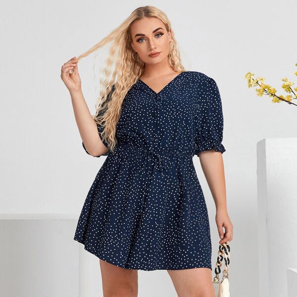 

Plus Polka Dot Half Button Flounce Sleeve Romper, Navy blue
