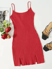 Muchica Vestido tejido de canalé bajo con abertura - Rojo - Ver 1