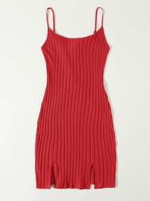 Muchica Vestido tejido de canalé bajo con abertura - Rojo - Ver 4