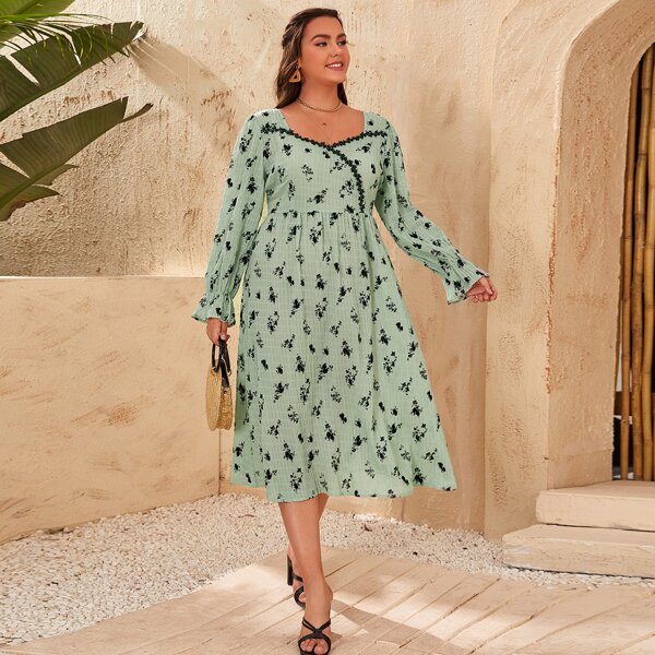 

Plus Floral Sweetheart Flounce Sleeve A-line Dress, Mint green