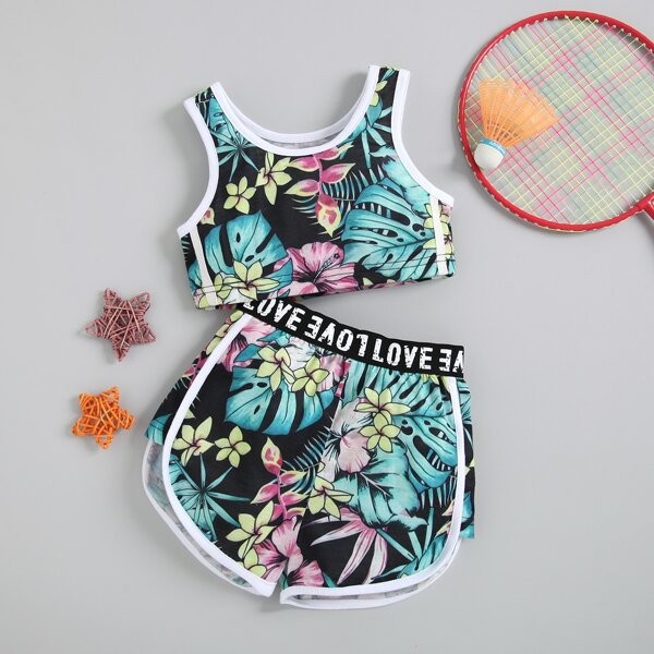 

Toddler Girls Floral And Letter Graphic Tank Top With Shorts, Multicolor