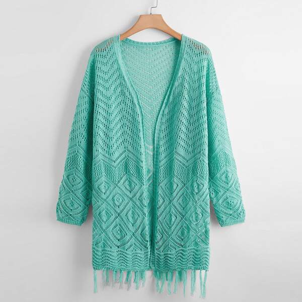 

Plus Pointelle Knit Drop Shoulder Fringe Hem Cardigan, Mint blue