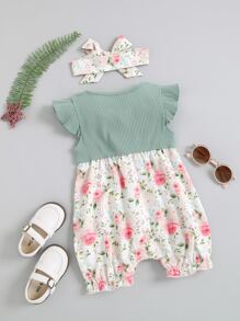 Baby Girl Floral Print Ruffle Trim Romper With Headband - Multicolor - View 2