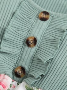 Baby Girl Floral Print Ruffle Trim Romper With Headband - Multicolor - View 3