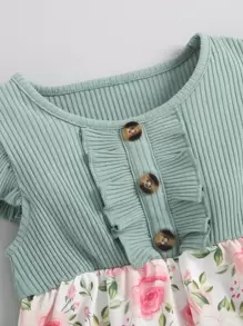 Baby Girl Floral Print Ruffle Trim Romper With Headband - Multicolor - View 4