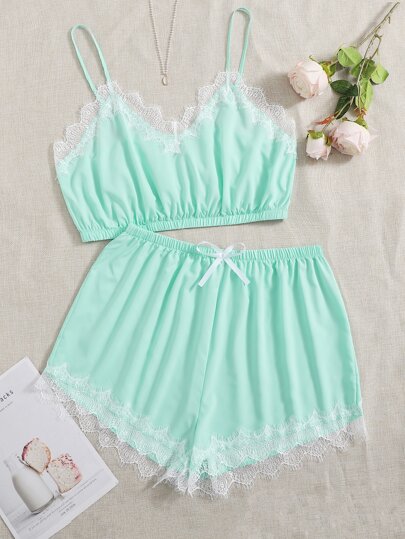 Schlafanzug Set mit Kontrast Spitzen und Schleife vorn