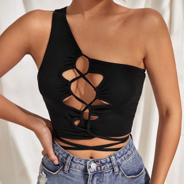 

One Shoulder Lace Up Tie Back Crop Top, Black