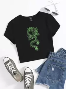 SHEIN EZwear 中國龍圖案T恤 - 黑色 - 查看 1