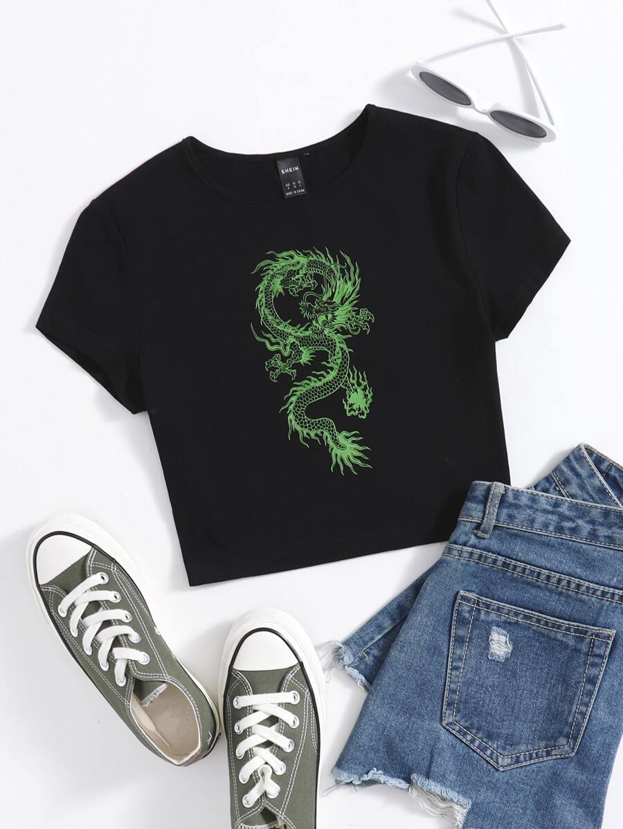 SHEIN EZwear 中國龍圖案T恤 - 黑色 - 查看 1