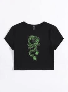 SHEIN EZwear 中國龍圖案T恤 - 黑色 - 查看 3