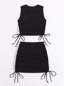 SHEIN EZwear Ruched Drawstring Tank Top & Skirt Set - Black - View 2