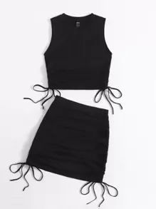 SHEIN EZwear Ruched Drawstring Tank Top & Skirt Set - Black - View 6