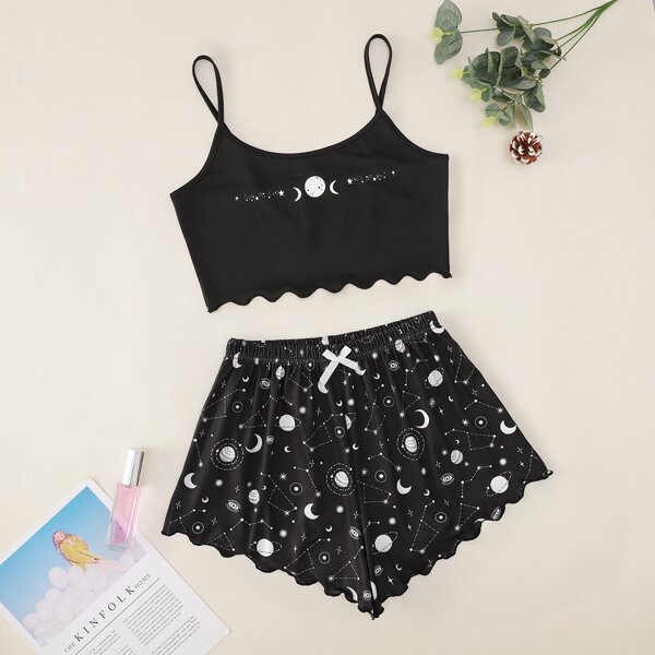 

Plus Galaxy Print Lettuce Trim Pajama Set, Black