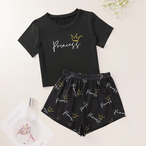 

Plus Crown And Letter Graphic Pajama Set, Black
