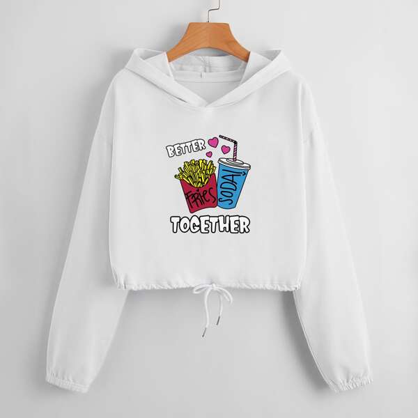

Letter Graphic Drawstring Hem Hoodie, White