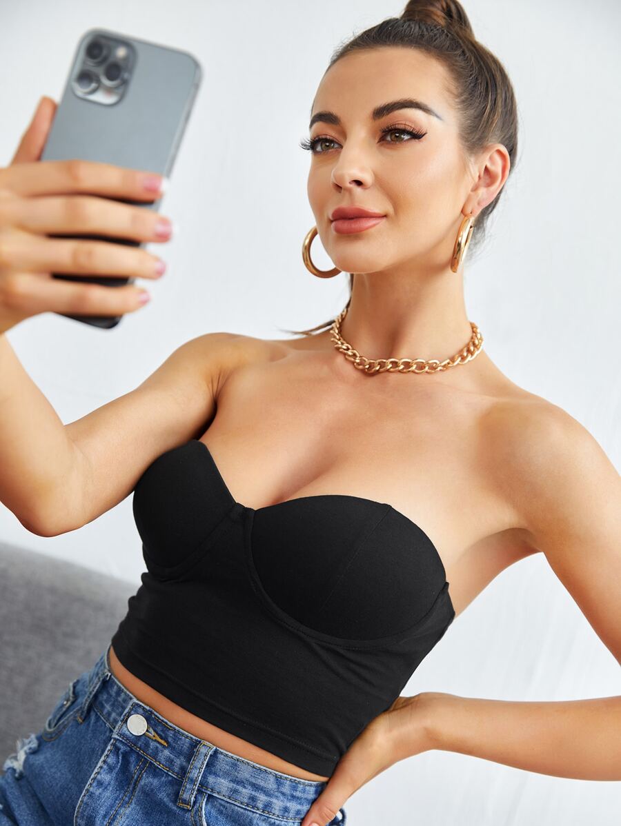 SHEIN 露肩抹胸上衣 - 黑色 - 查看 1
