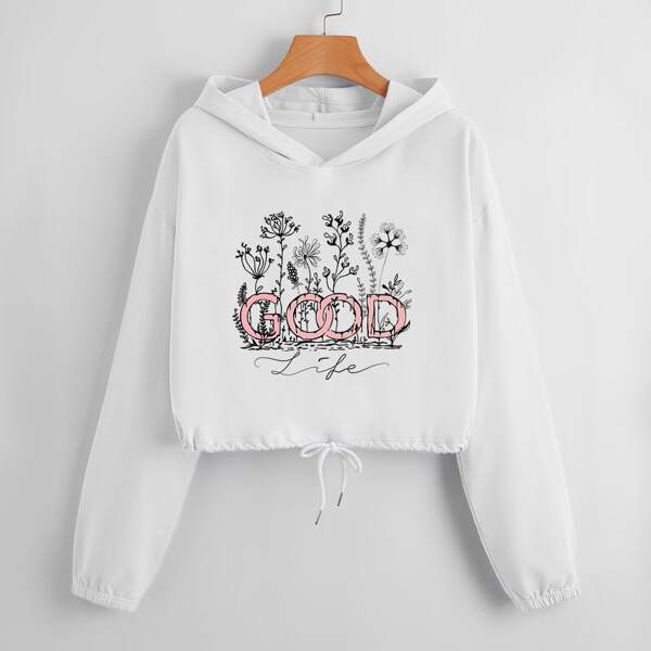 

Letter & Floral Print Drawstring Hem Hoodie, White