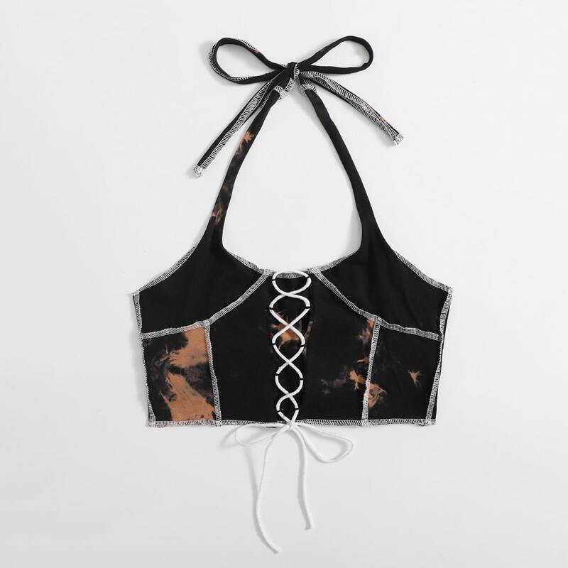 

Stitching Trim Tie Dye Halter Top, Multicolor