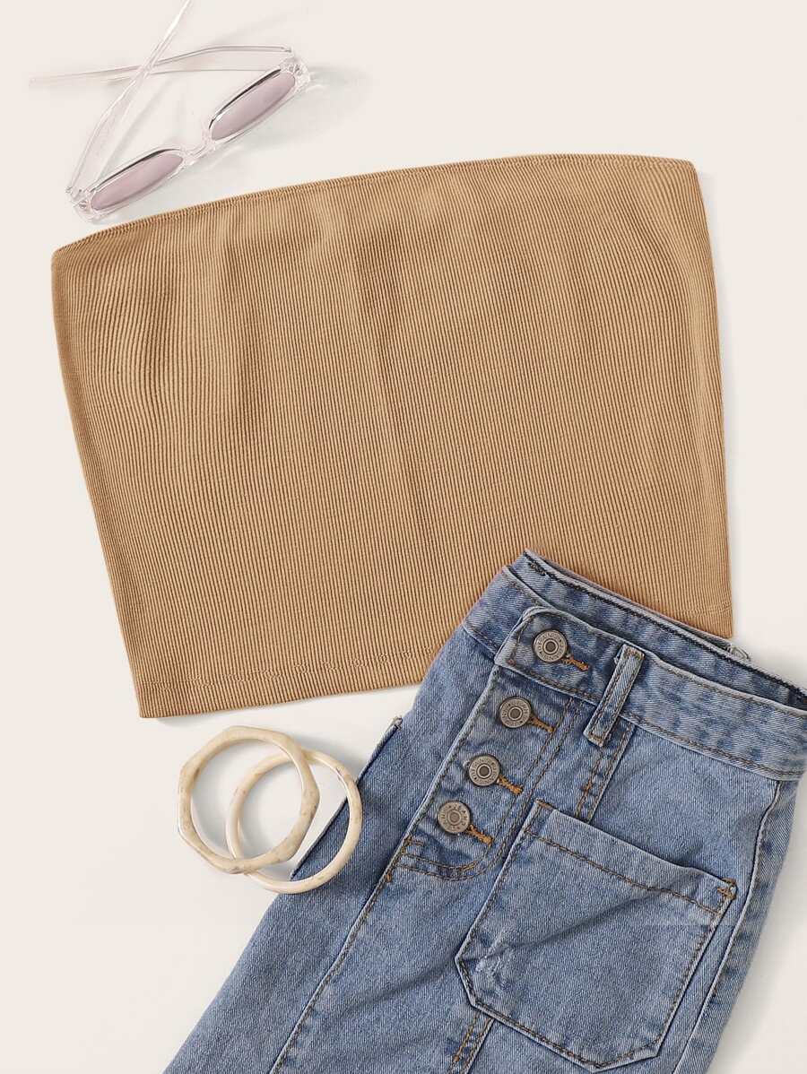 SHEIN EZwear Ribbed Cropped Tube Top - Khaki - View 1