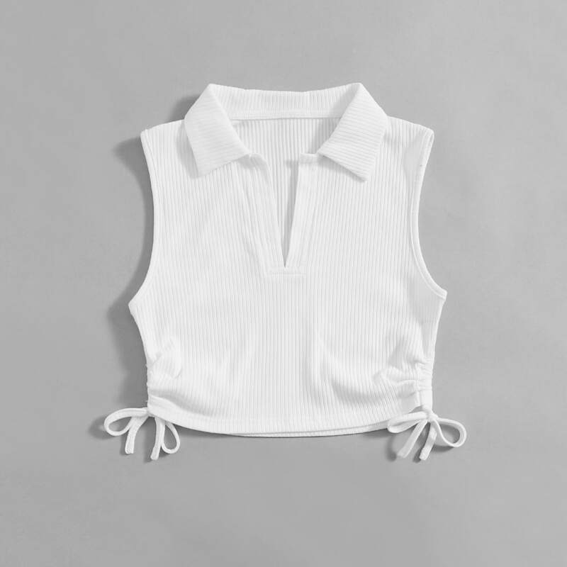 

Solid Drawstring Ribbed Tank Top, White