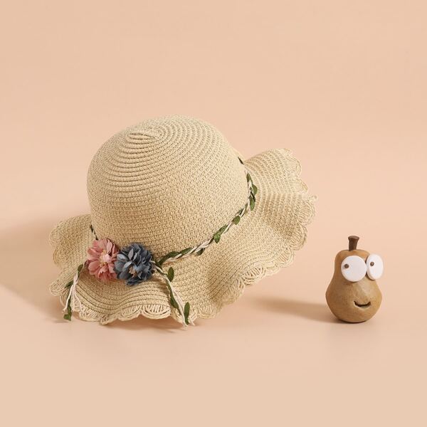 

Girls Flower Decor Straw Hat, Beige