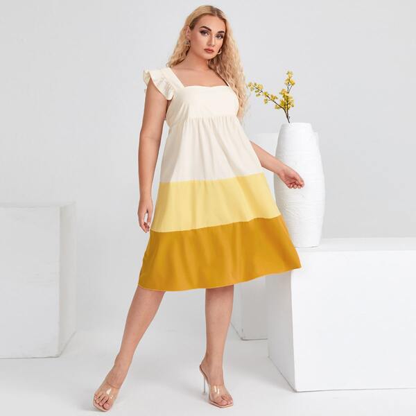 

Plus Cut And Sew Ruffle Trim Dress, Multicolor
