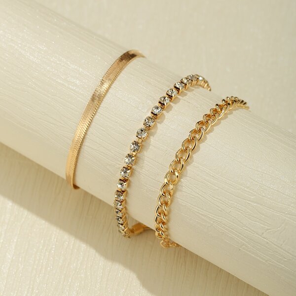 

3pcs Rhinestone Decor Chain Bracelet, Gold