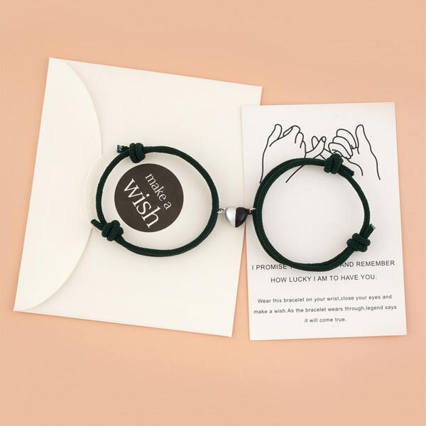 

2pcs Heart Decor Bracelet, Green