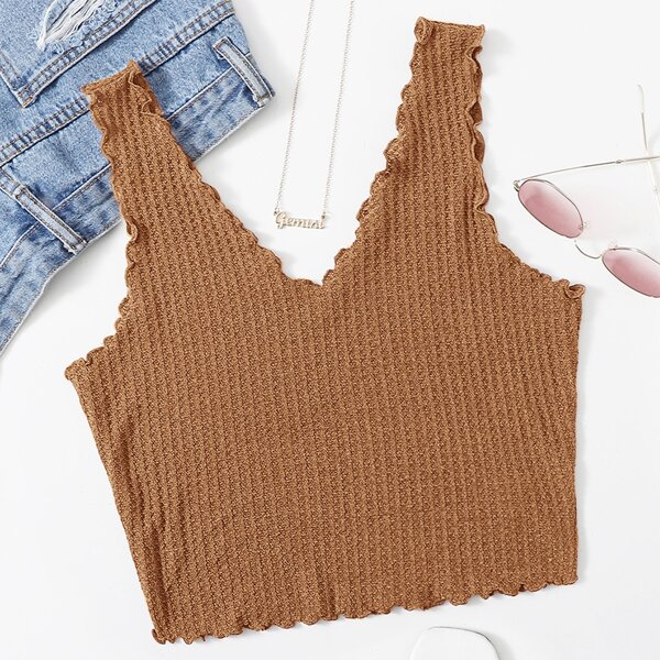 

V-neck Lettuce Trim Waffle Knit Tank Top, Brown